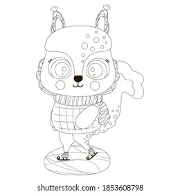 Contour cute isolated cartoon squirrel skating on ice. A cute black and white children's doodle for coloring. Vector.