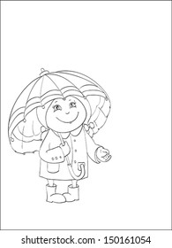 contour of cute little girl with big umbrella on isolated white background