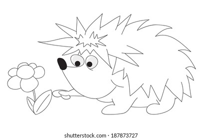 contour of cute unusual vector cartoon hedgehog with flower