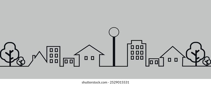 Contour decorative city or village skyline with houses and trees. Vector on a gray background