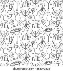 Contour decorative seamless pattern with leaves and flowers for coloring book