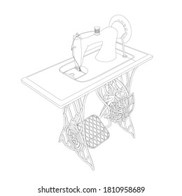 The contour of a decorative vintage sewing machine made of black lines on a white background. Manual sewing machine with rotation mechanism. Isometric view. 3D. Vector illustration