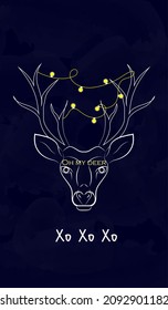 Contour deer with garland, on a blue background