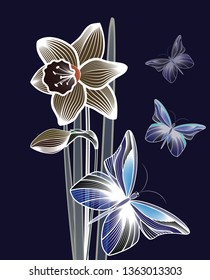 Contour delicate flower of narcissus and light contour butterflies of pastel colors