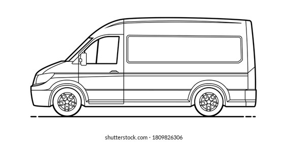 contour delivery van vector. Cargo van for coloring book. Vector Cargo Minivan Isolated on white background. Driver's side door.