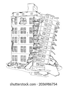 Contorno de un edificio destruido por líneas negras aislado en un fondo blanco. Ilustración del vector