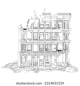 Contour of a destroyed building from black lines isolated on a white background. Side view. Vector illustration.