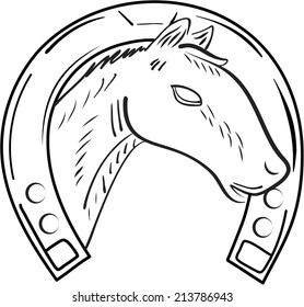 Contour of detail head of horse with horseshoe, black and white illustration