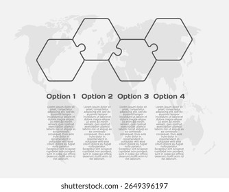 Diagrama de contorno processo infográfico em 4 partes, opções ou processos. Cronograma do modelo para gráfico, apresentação e gráfico. Quatro etapas peças de quebra-cabeça de hexágono de parte transparente para negócios, conceito de fluxo