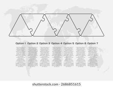 Diagrama de contorno processo infográfico em 7 partes, opções ou processos. Cronograma do modelo para gráfico, apresentação e gráfico. Sete etapas peças de quebra-cabeça de triângulo de peças transparentes para conceito de fluxo de negócios