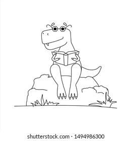 Contour Dinosaur With Glasses Reading a Book. Smart Dinosaur. A Tyrannosaurus In Glasses Sits on a Stone With a Book in its Paws. Vector Image Isolated on a White background. Coloring Book page.