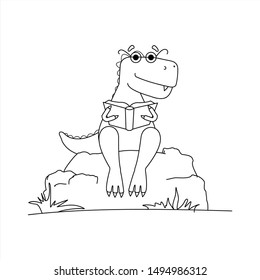 Contour Dinosaur With Glasses Reading a Book. Smart Dinosaur. A Tyrannosaurus With A Crest On its Back and With Glasses Sits on a Stone With a Book in its Paws. Vector Coloring Book page.