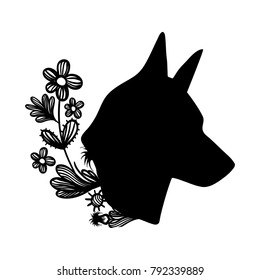 contour dog head with rustic flowers and leaves