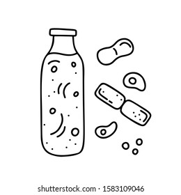 Contour doodle bottle with bacteria. Cartoon illustration of fermented milk drinks on white background. Hand drawn isolated vector icons. Black and white image of healthy food