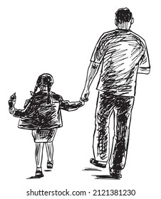 Contour doodle drawing of father with his little daughter walking for a stroll on summer day