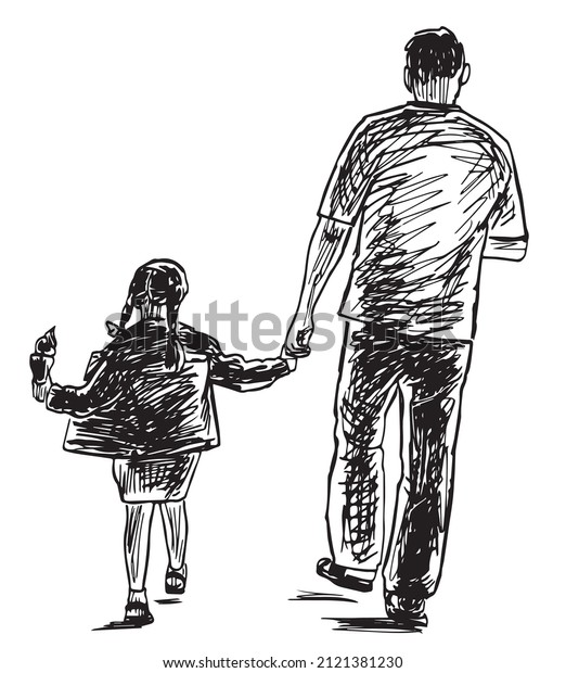 Contour Doodle Drawing Father His Little Stock Vector (Royalty Free ...