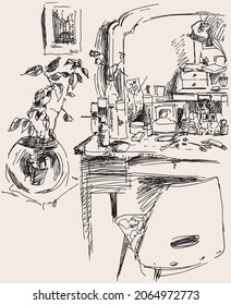 Dibujo de doodle de contorno en la sala interior con muchos cosméticos en tocador, planta interior en maceta de flores y silla