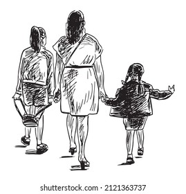 Contour doodle drawing of mother with his little daughters walking for a stroll on summer day