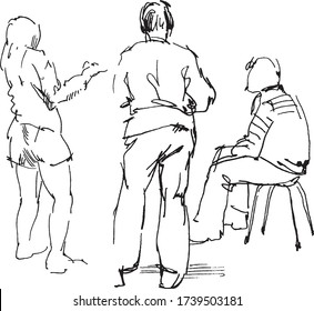 Contour doodle drawings of seated and standing people talking to each other