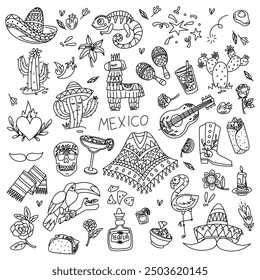 Contour doodle illustration on the theme of a Mexican holiday. mexico, celebration, sombrero, maracas, guitar, cactus, skull, mustache, flowers, chameleon, fireworks, animals pinata. collection