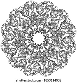 Contour doodle mandala with spiral elements and ornate patterns, zen coloring antistress page for adults and kids outline vector illustration