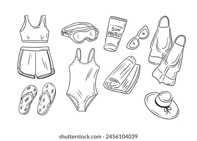 Contour doodle set of active female beach rest. Items for diving and swimming . Monochrome outline stickers. Vector illustration isolated on white background