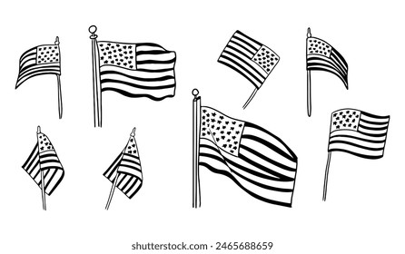 Contour doodle set of US flags in different position. Collection of sketchy outline drawings isolate on white background. Monochrome National Patriotic American holiday concept