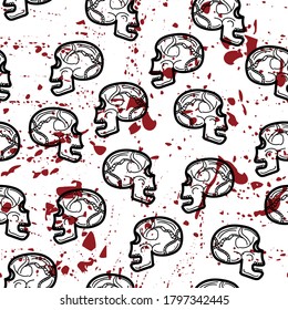 contour doodle skull on a background of drops of blood seamless pattern