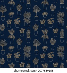 Contour doodle vector Houseplant seamless pattern. Potted Home Plants. Indoor Flowers with Leaves. Interior Decor. Floral gold blue texture, background for print design, textile, wrapping paper, web