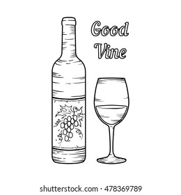Contour doodle wineglass with wine isolated on white.