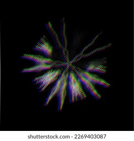 Contour of dotted or polka dot halftone mandala with upper selected sector on dark background with CMYK color shift or glitch. Imitation of a multi-colored glow, confetti. Vector.