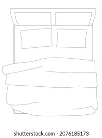 Contour Of A Double Bed From Black Lines Isolated On A White Background. View From Above. Vector Illustration