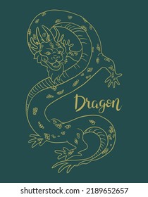 Contour dragon sketch with hand lettering. Line art vector illustration of dragon. Chinese Zodiac animals concept