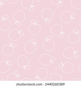 Contour drawing of apples isolated on a pink background. Seamless pattern with editable stroke. Gentle pink background with white outline for cover, fabric, decor. 
