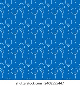 Contour drawing of balloons with sad face seamless pattern design concept in trendy monochrome blue