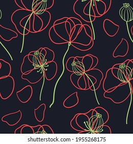 Contour drawing of blooming poppies and poppy seed pods on a dark background. Seamless pattern.