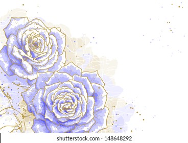 The contour drawing blue roses on white background. Watercolor style. Can be used as background for wedding invitation cards. 