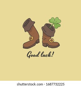 Contour drawing of boots. Vector illustration.  Stock vector. Boots. Postcard. Good luck.