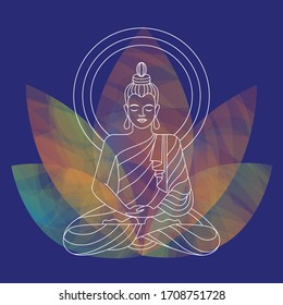 contour drawing of a Buddha on a background of a watercolor Lotus. 
stock vector illustration. EPS 10.