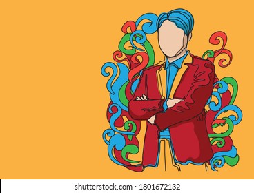 Contour drawing Business man and Red suit with doodle style on abstract Graphics background with copy space.