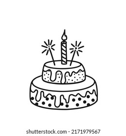 Contour drawing of a cake with a candle on a white background. Doodle. Clip art