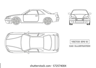 Contour Drawing Of The Car On A White Background. Top, Front And Side View. The Vehicle In Outline Style. Vector Illustration