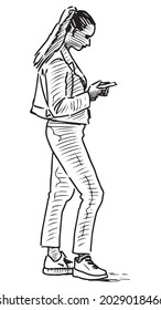 Contour drawing of casual modern city girl standing outdoors and looking at her smartphone