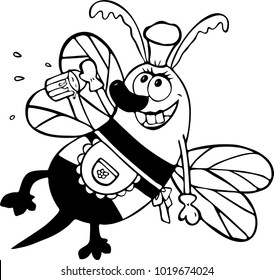 contour drawing of a cheerful flying bee with a bucket full of honey, cartoon character isolated on white background