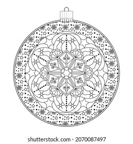 Contour drawing of a Christmas ball with a doodle pattern. Decorative element for the design. Anti-stress coloring book for children and adults.