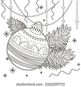 Contour drawing of a Christmas ball with a doodle pattern. Decorative element for the design. Anti-stress coloring book for children and adults.