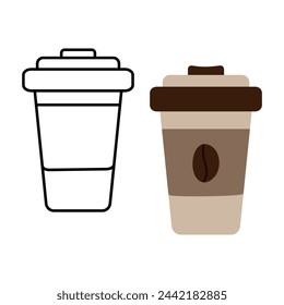 Contour drawing and color disposable cups with lid. Set of 2. Design concept for logo, sticker, icon