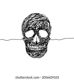 Contour drawing continuous one line with human skull, vector illustration and design.