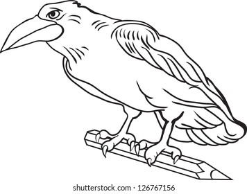 contour drawing crow. Bird holds a pencil.