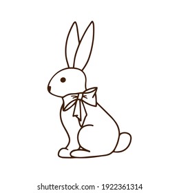 Contour drawing of a cute rabbit with a bow. Doodles for your creativity. Suitable for childrens coloring pages or Easter cards. Hand-drawn vector illustration.